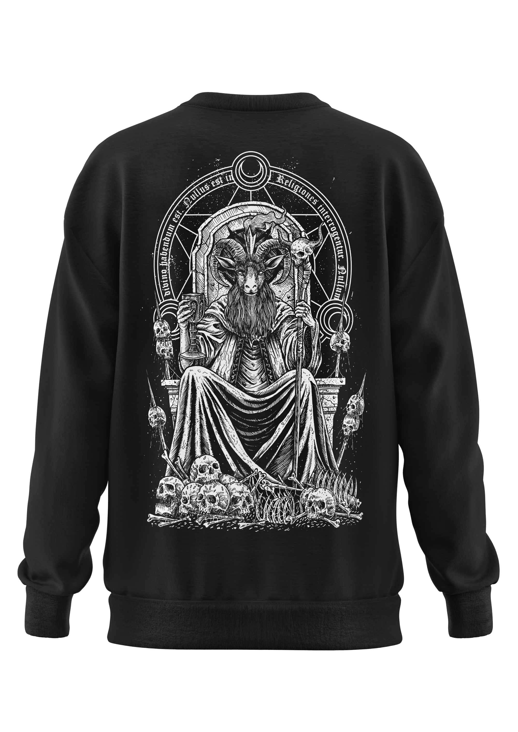 Schwarzes schweres unisex-sweatshirt mit baphomets throne grafik aus recyceltem polyester